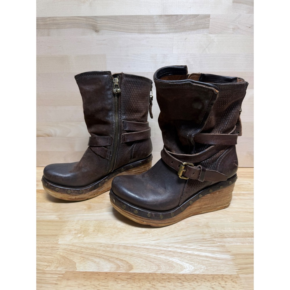 A.S.98 Airstep Dark Brown Leather Studded Wedge Buckle Boots Womens 36 EU
